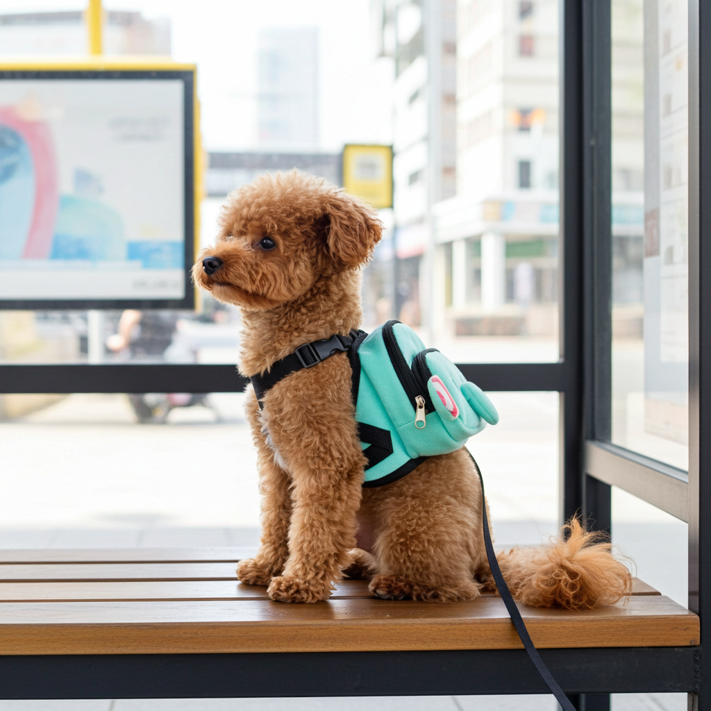 Dual-pocket dog harness backpack with black straps and teal bag, dumbbell graphic