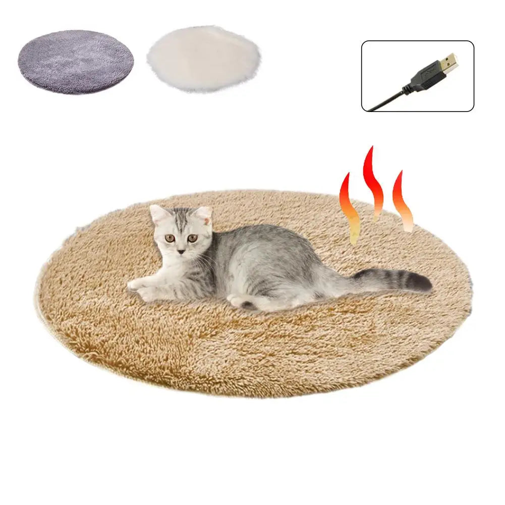 Gray round plush heated pet pad blanket with USB cable