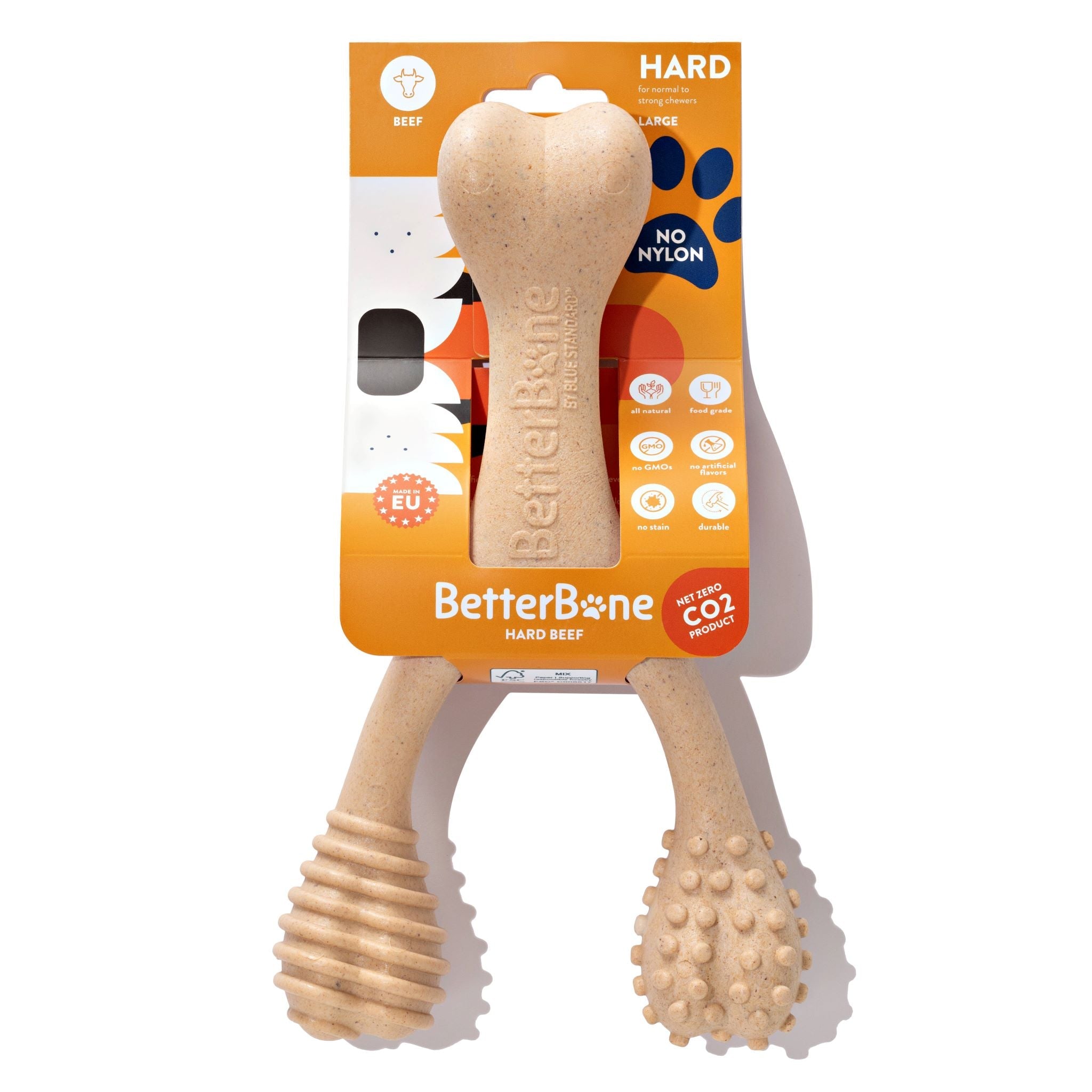Hard beef chew bone toy, light beige, ribbed handle and nubby ball end