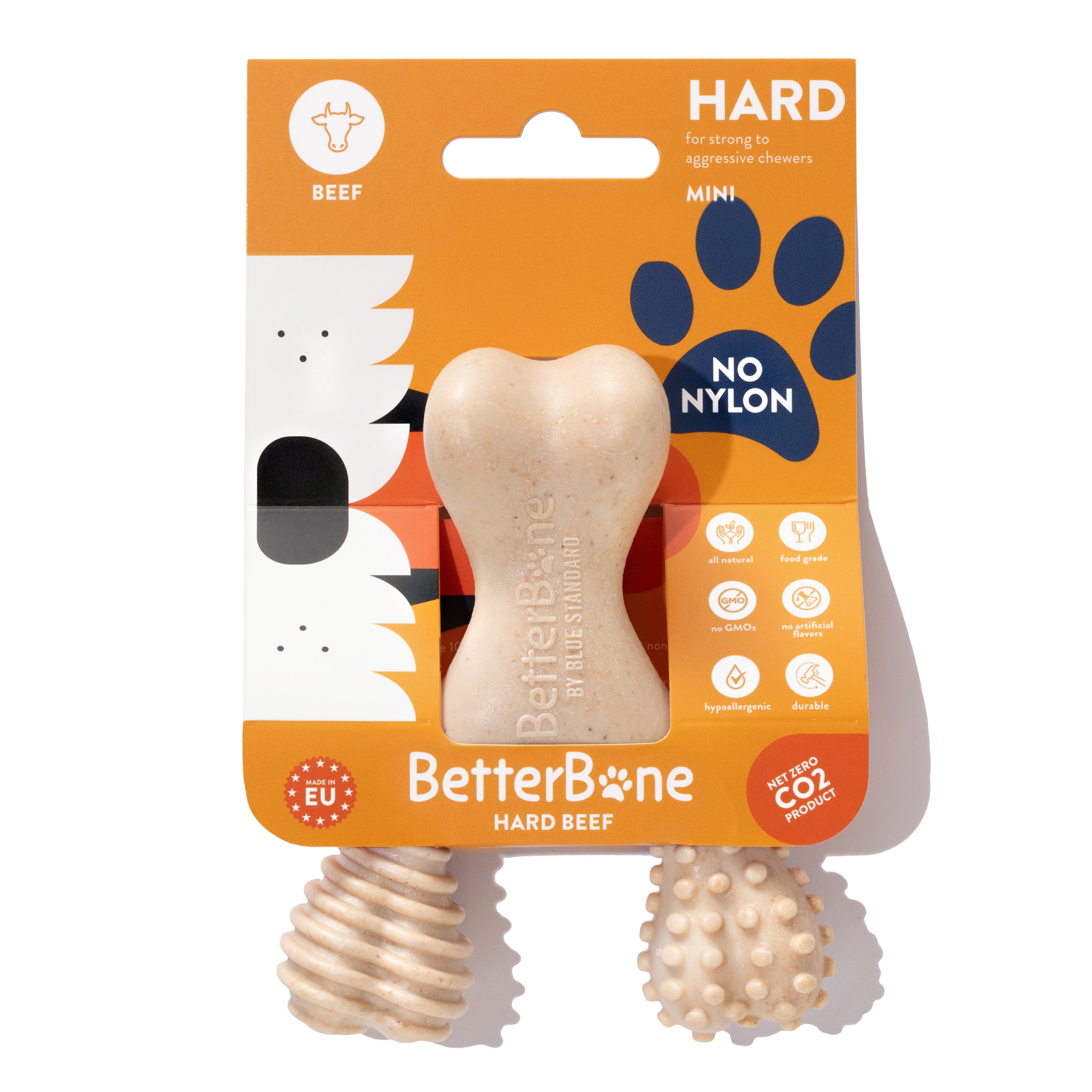 Hard beef mini chew bone toy, light beige, ribbed handle and nubby ball end