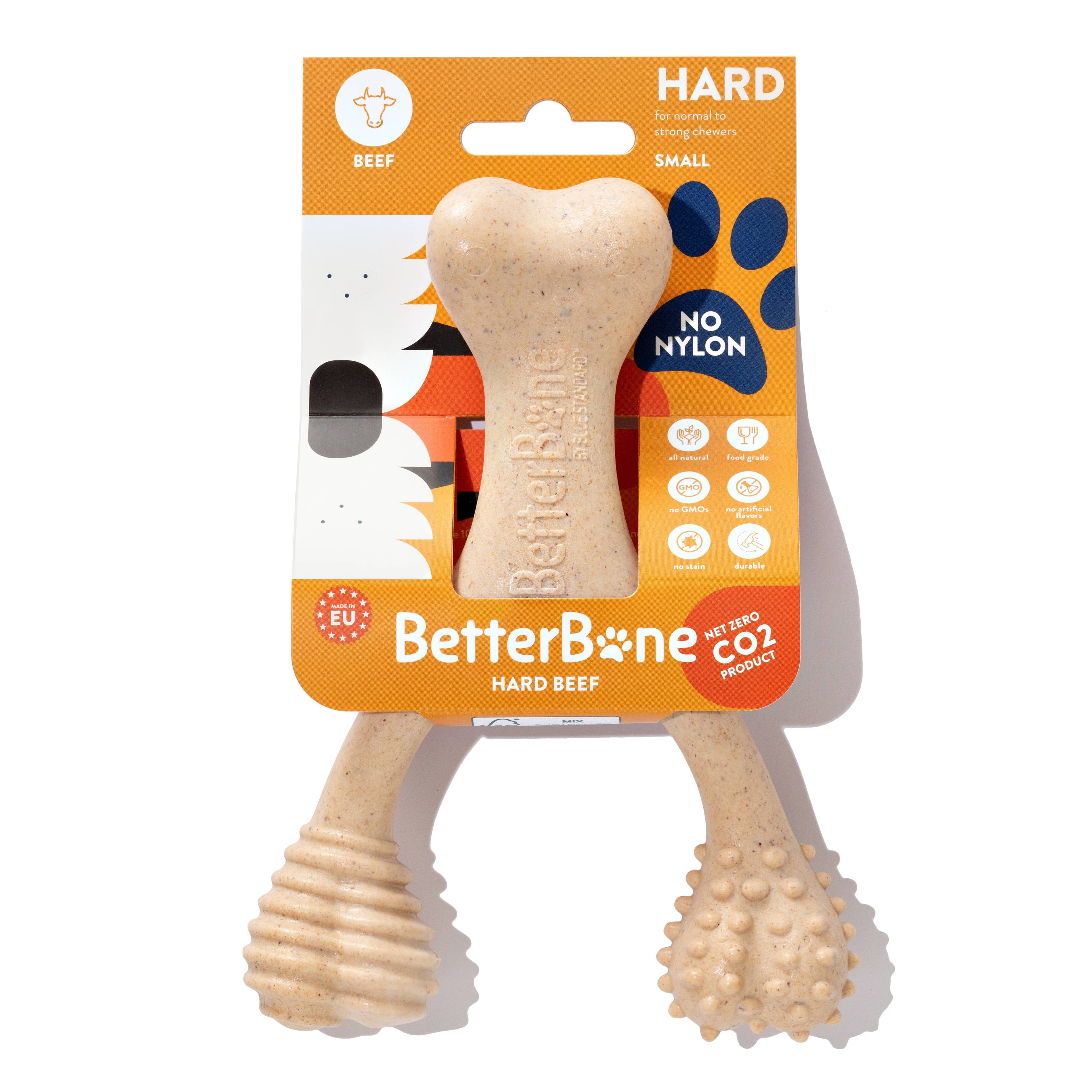 Hard beef chew bone toy, light beige, ribbed handle and nubby ball end
