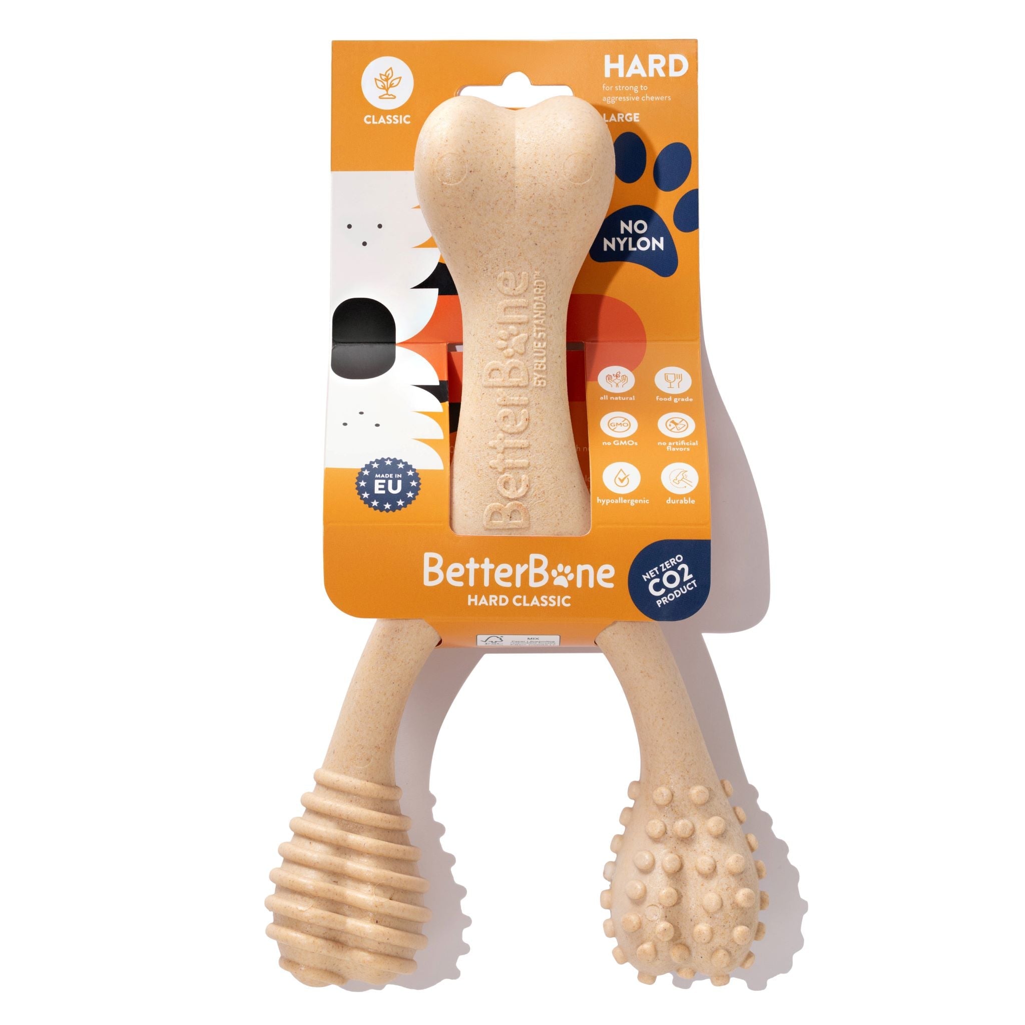 Hard classic chew bone toy, light beige, ribbed handle and nubby ball end