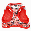 Cat step-in harness with red mesh side panels and Hello Kitty checkered print