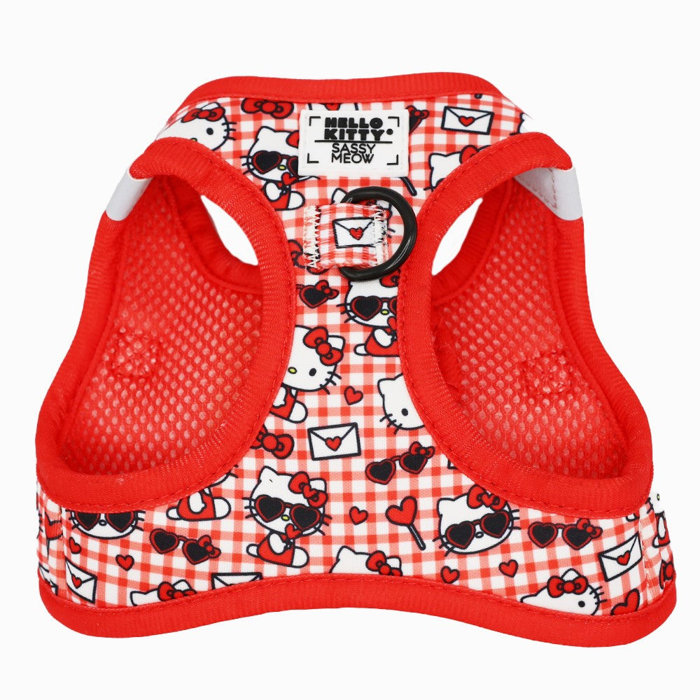 Cat step-in harness with red mesh side panels and Hello Kitty checkered print