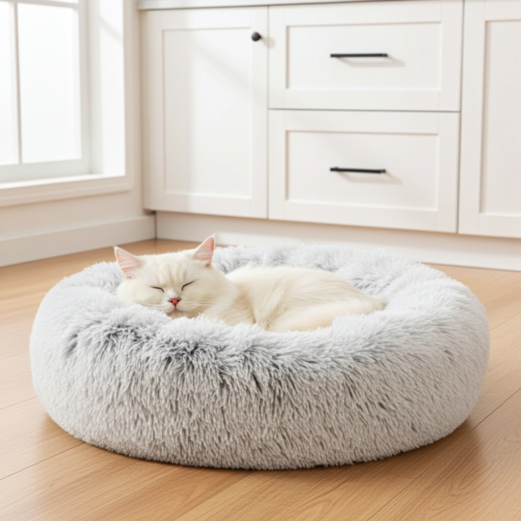 Round plush pet bed with light gray shag and white inner rim; pet lying inside