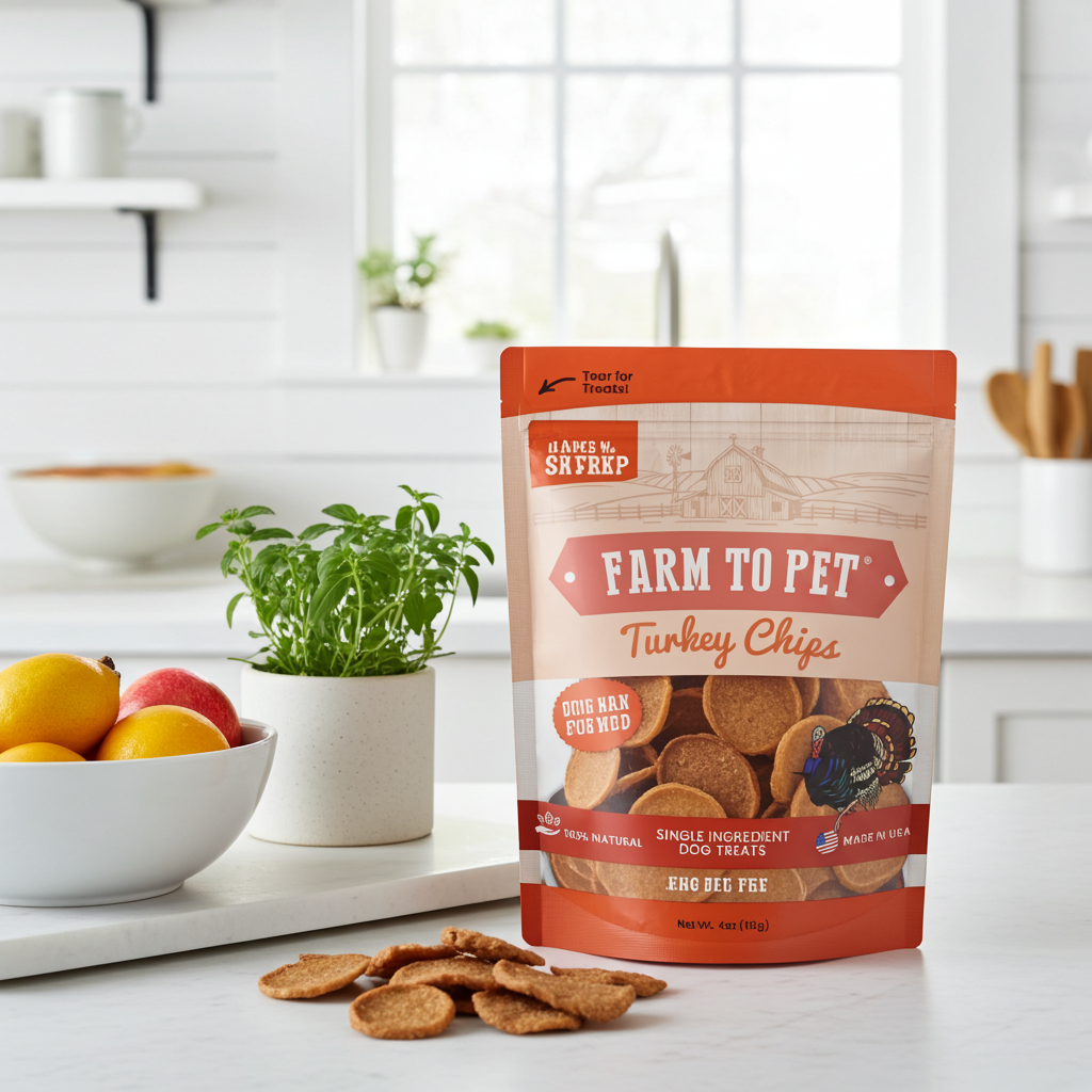 Dog treat bag with round turkey chips, orange and white Farm to Pet packaging