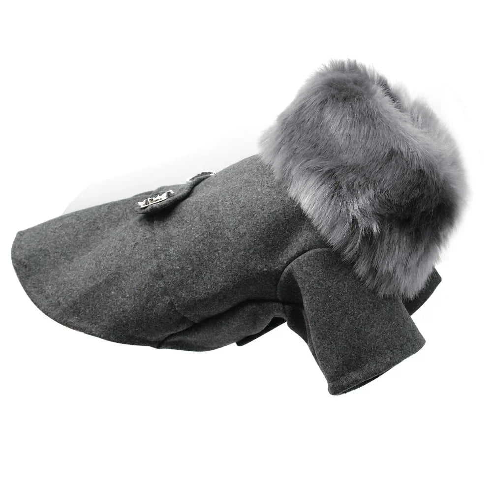 Gray dog winter coat with fluffy faux-fur collar, side button detail, and long sleeves