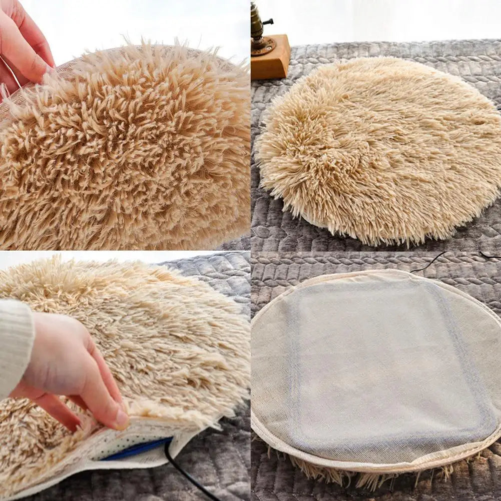 Round heated pet pad covers in shaggy tan and soft light fabric