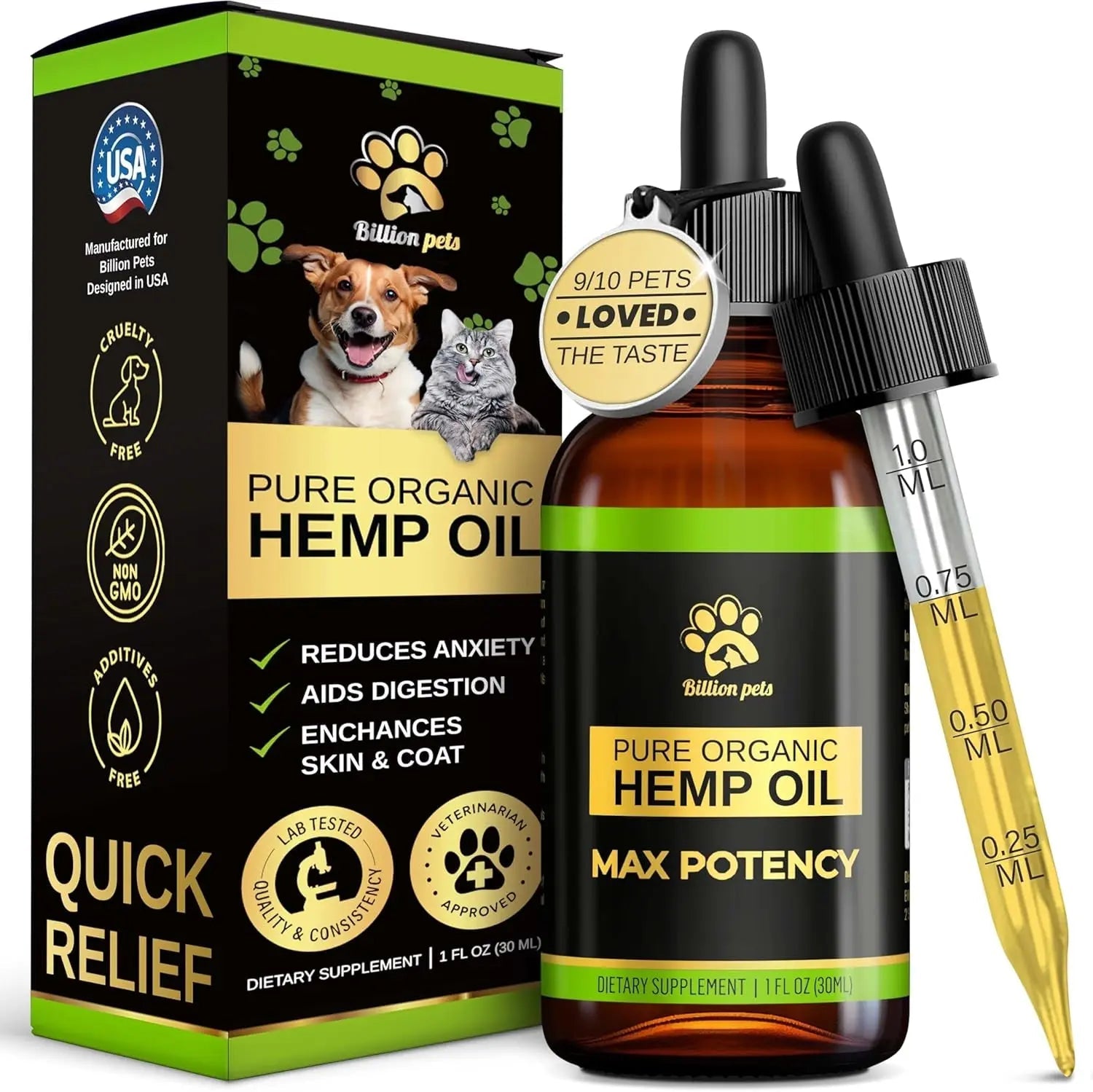 Organic hemp oil pet drops bottle with dropper and carton packaging, amber bottle