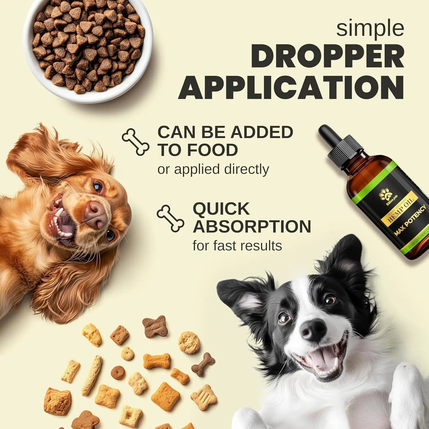 Hemp oil dropper bottle with dog and cat, plus food and quick absorption icons