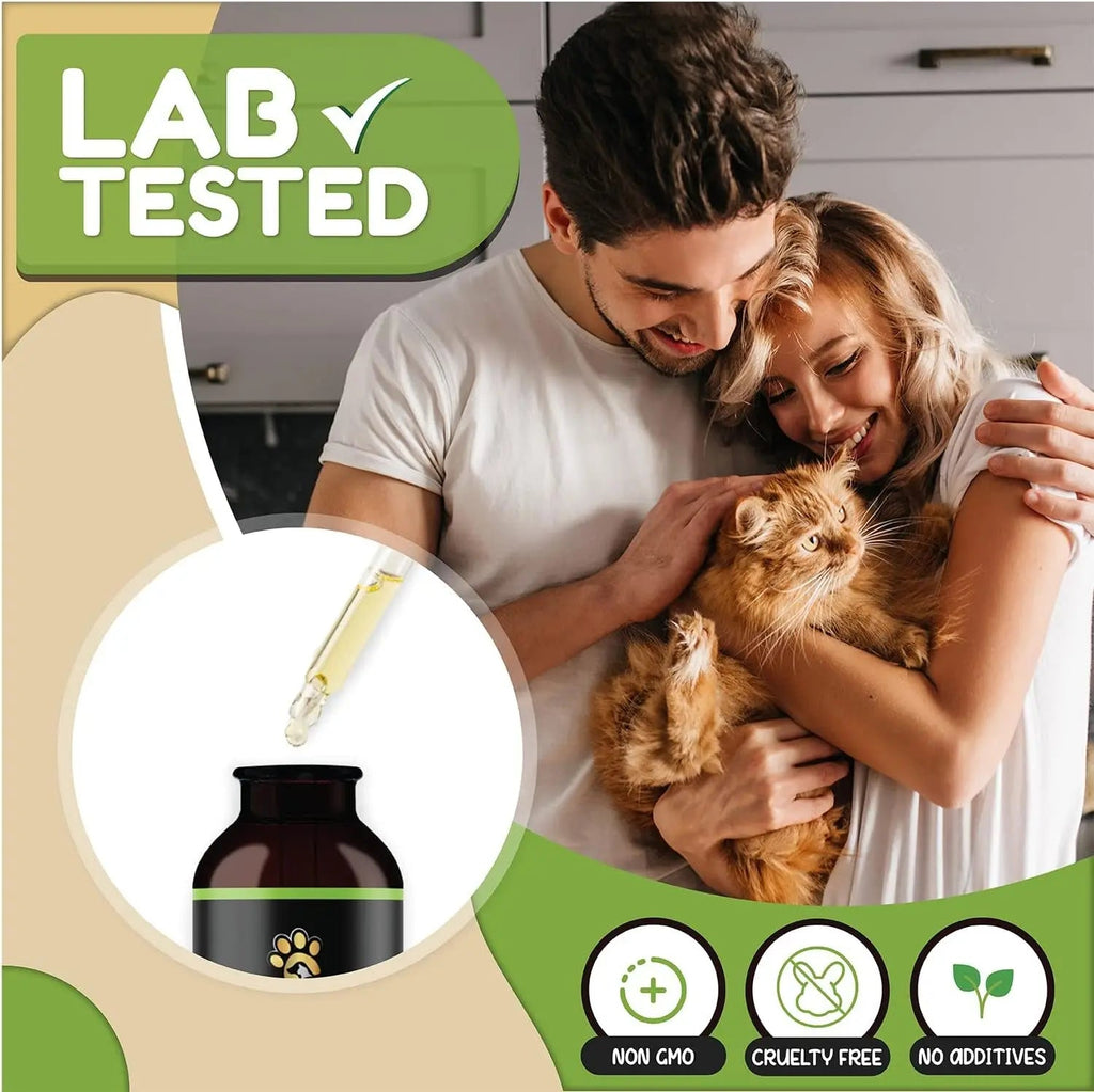 Pet hemp oil lab tested infographic with bottle inset and couple holding dog