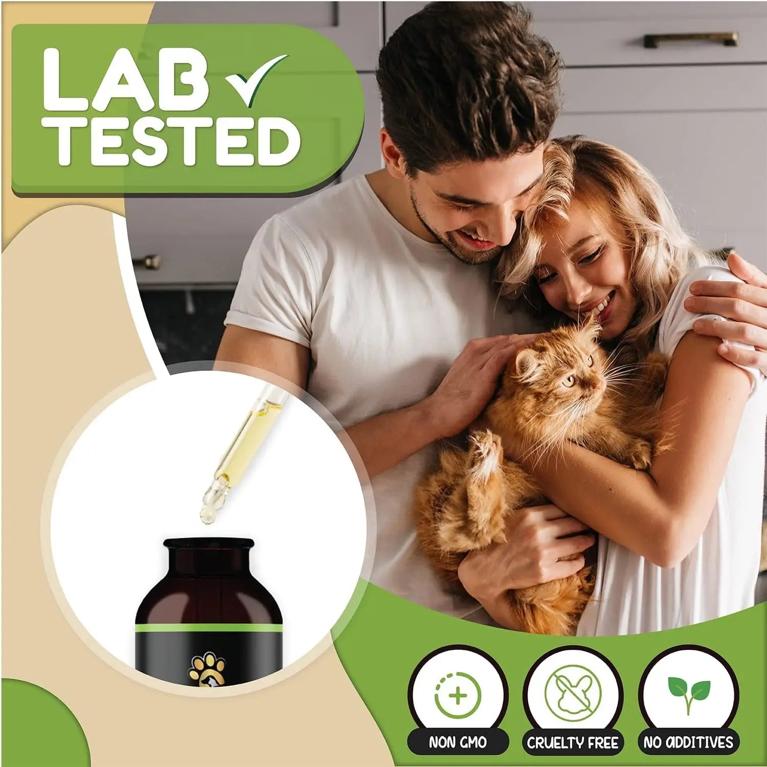 Pet hemp oil lab tested infographic with bottle inset and couple holding dog