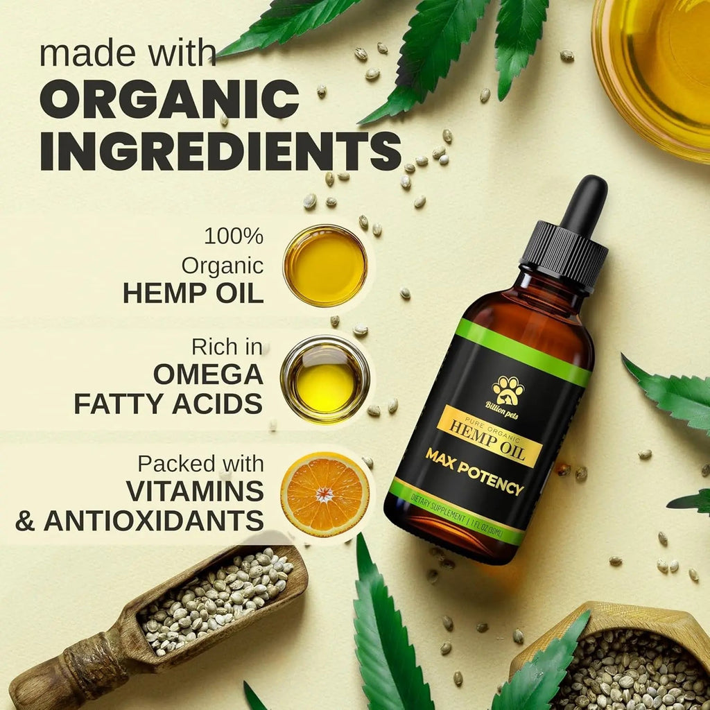 Organic hemp oil dropper bottle with hemp leaves and ingredient jars
