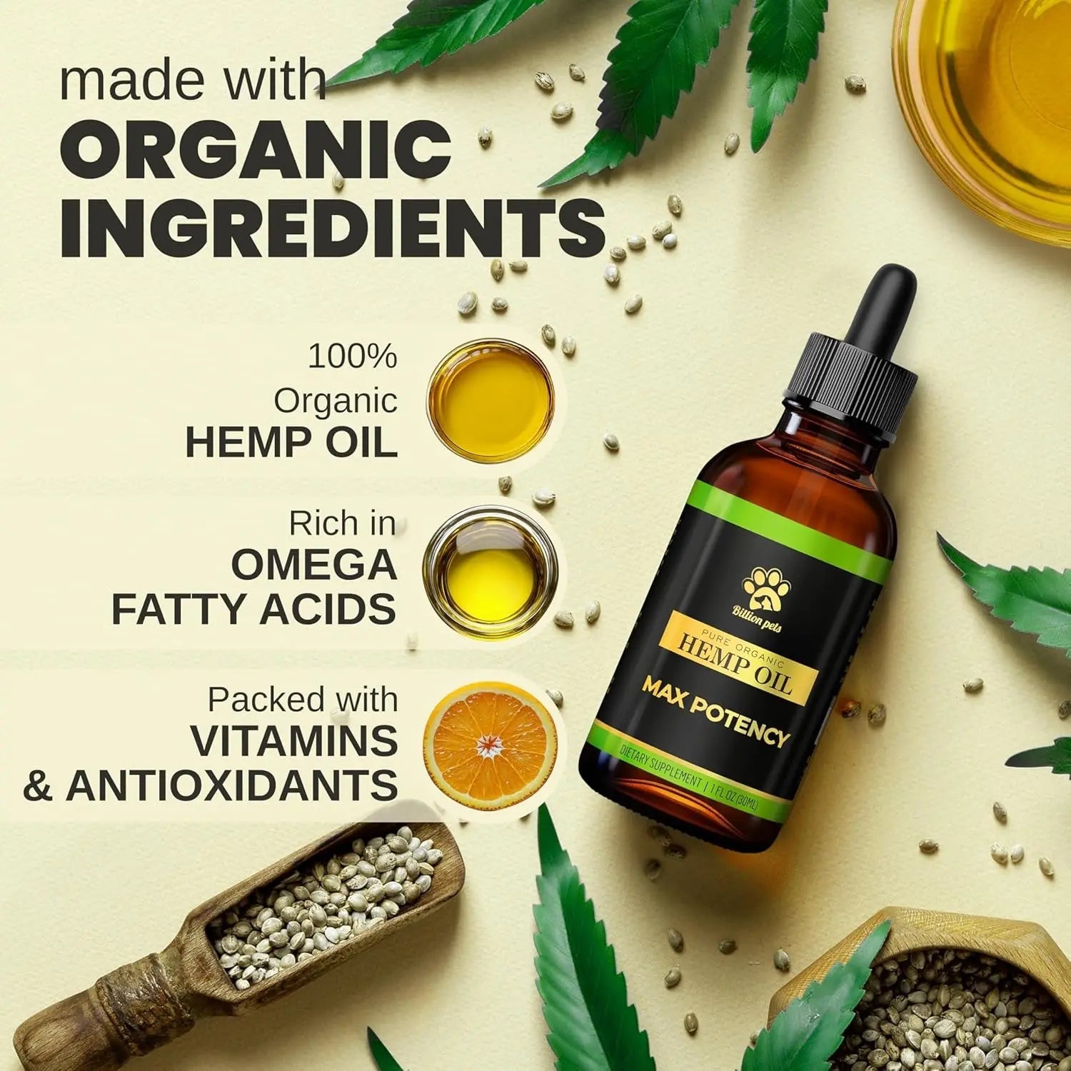 Organic hemp oil dropper bottle with hemp leaves and ingredient jars