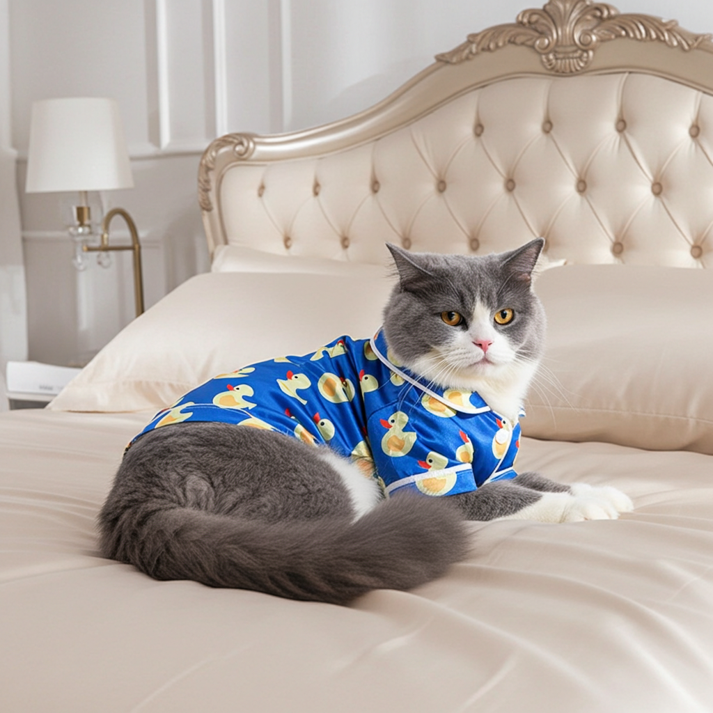 Cat lounging in blue duck-print pet jacket with short sleeves and button front