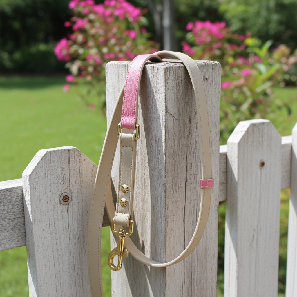 Vegan leather dog leash with pink strap, tan loop, and gold clasp hardware