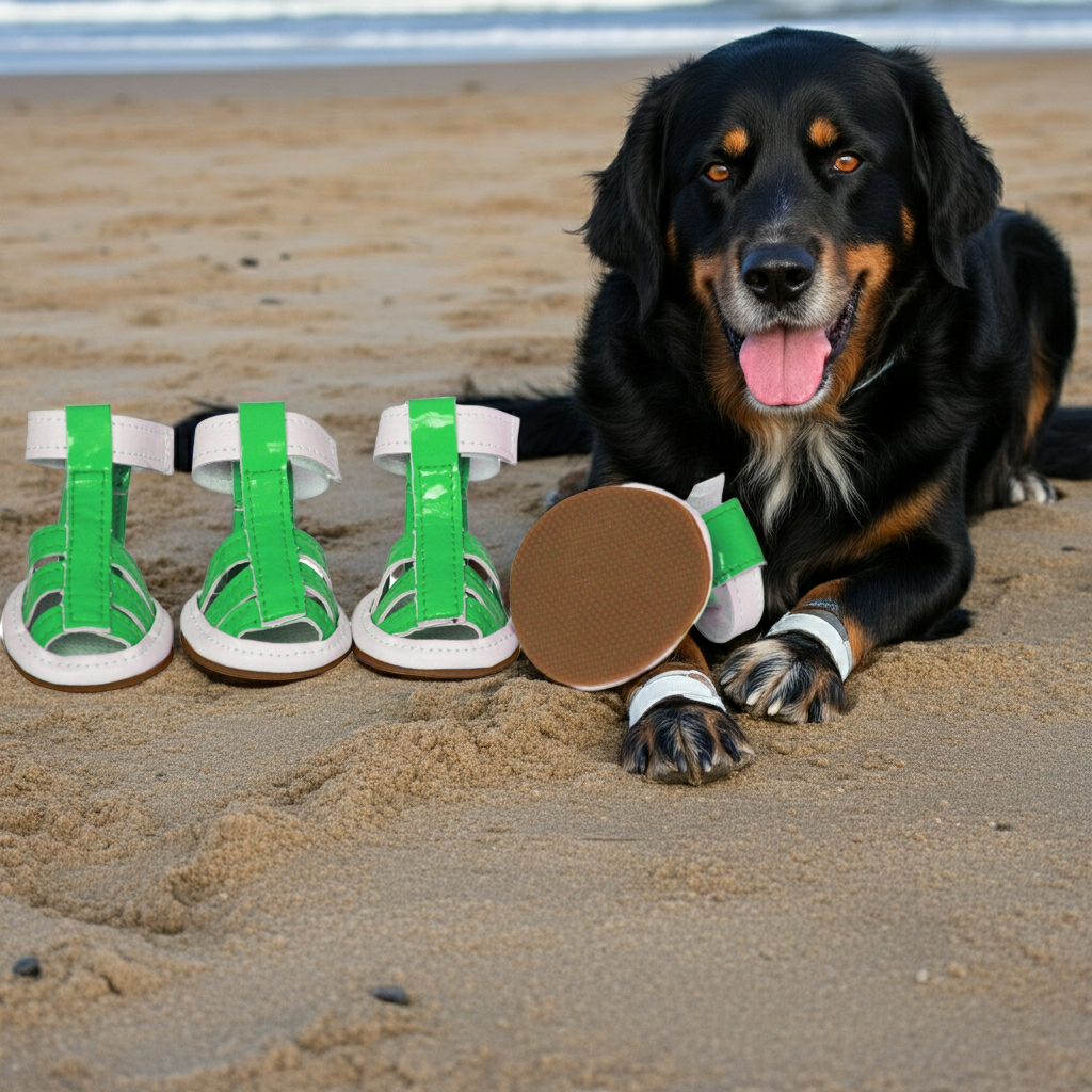 Set of 4 green PVC waterproof dog shoes with white soles and buckle straps