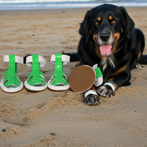 PVC waterproof pet shoes, neon green sandals with buckle straps, on a pet.