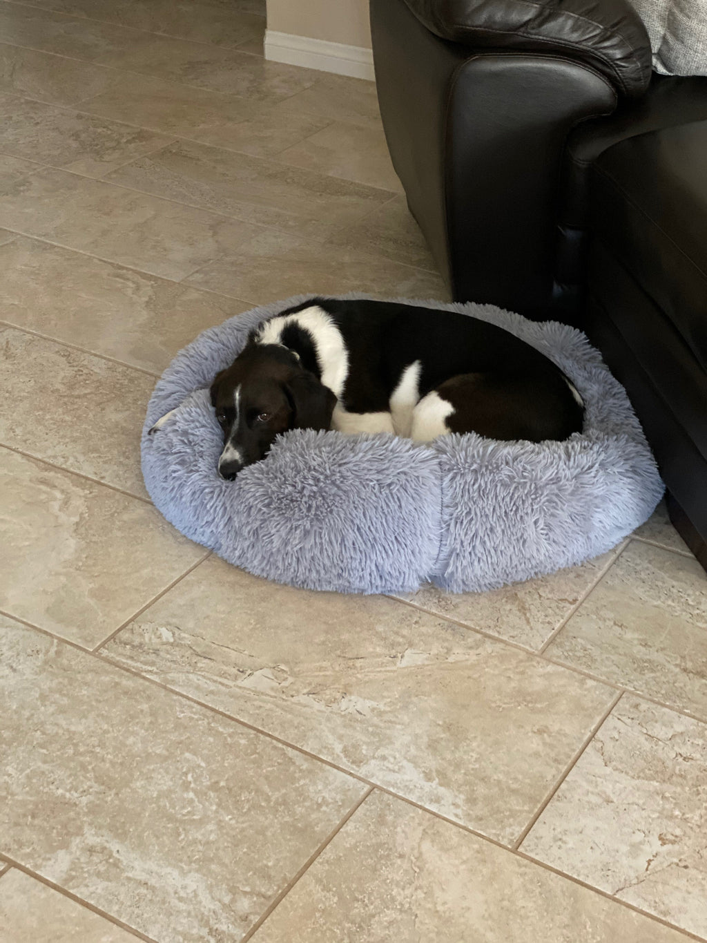 28-in round plush pet bed, gray fuzzy bolster with snowflake white two-tone center