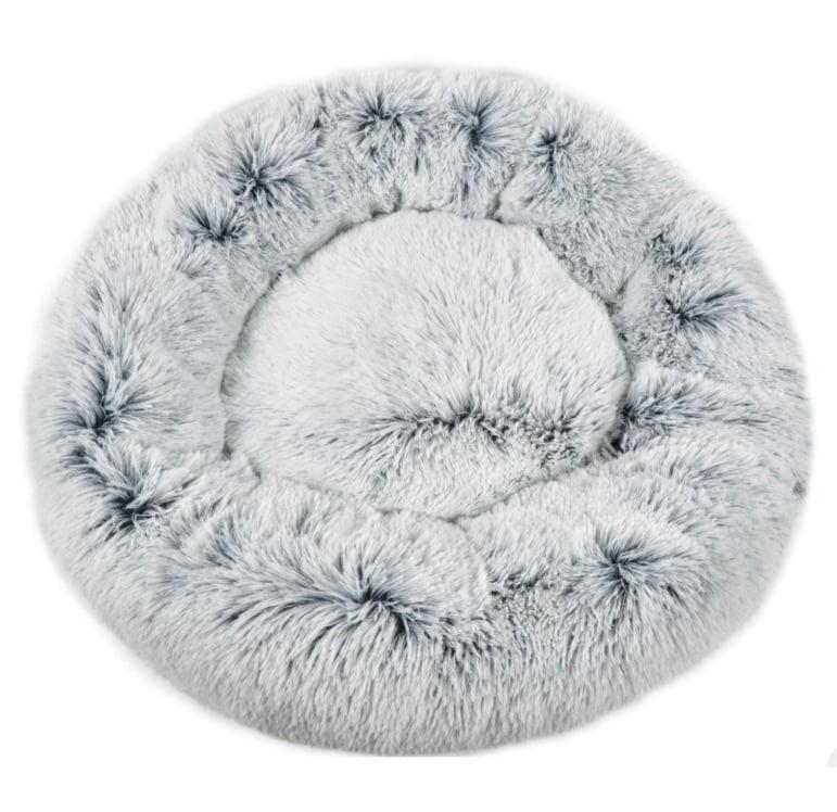 Snowflake white two-tone plush round pet bed with fluffy bolstered rim and nest center
