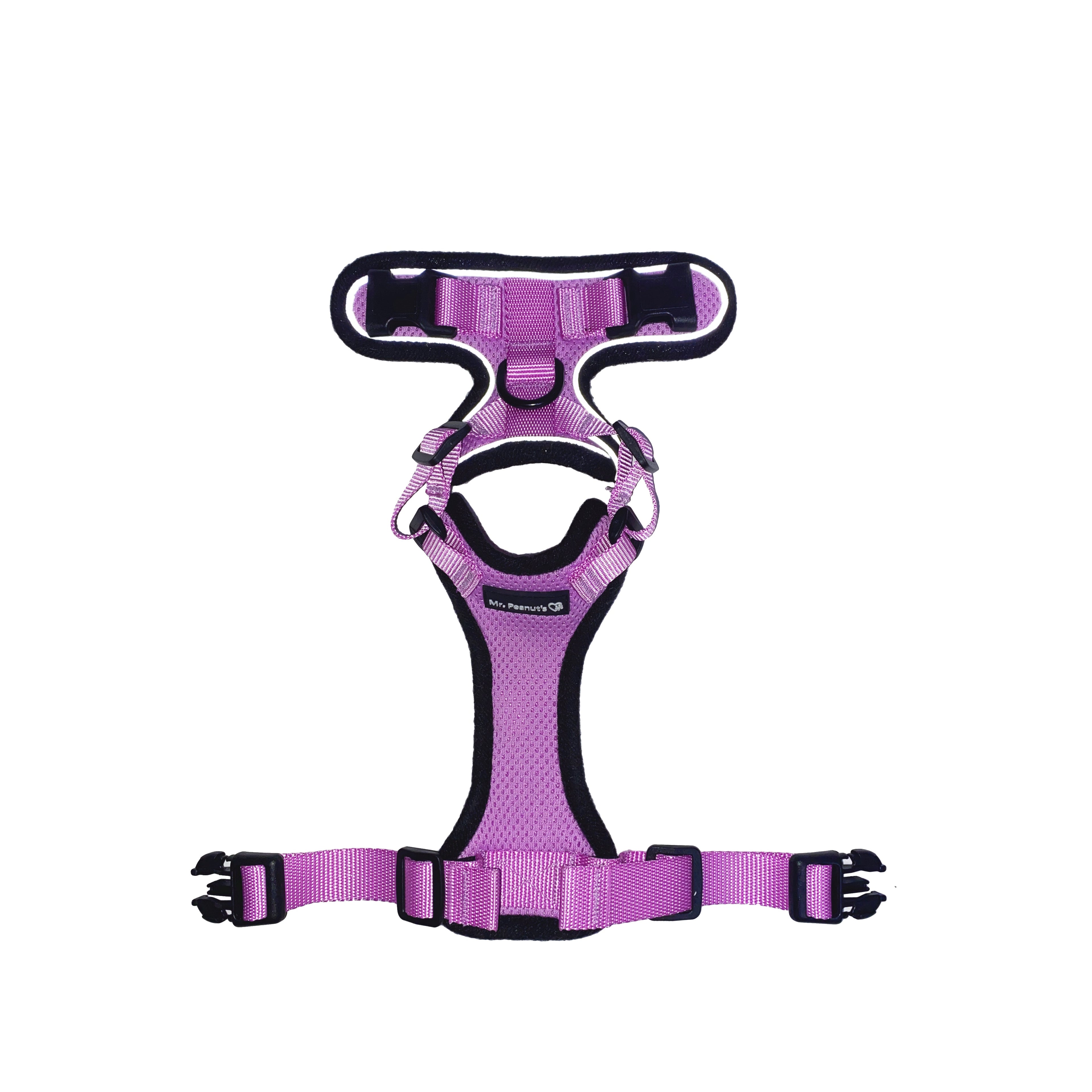 Lilac cat harness, front view with adjustable straps and center loop