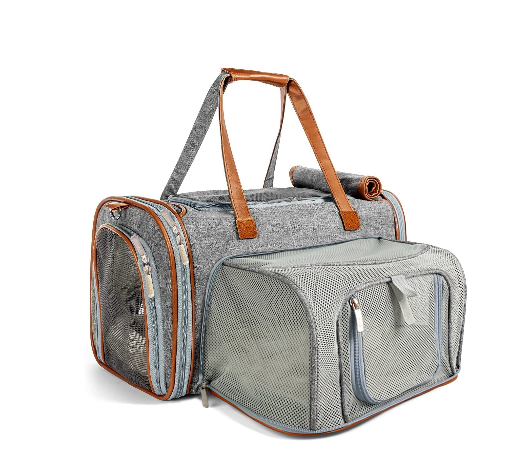 Gray mini pet carrier with expandable front mesh, gray side compartments and carrying straps
