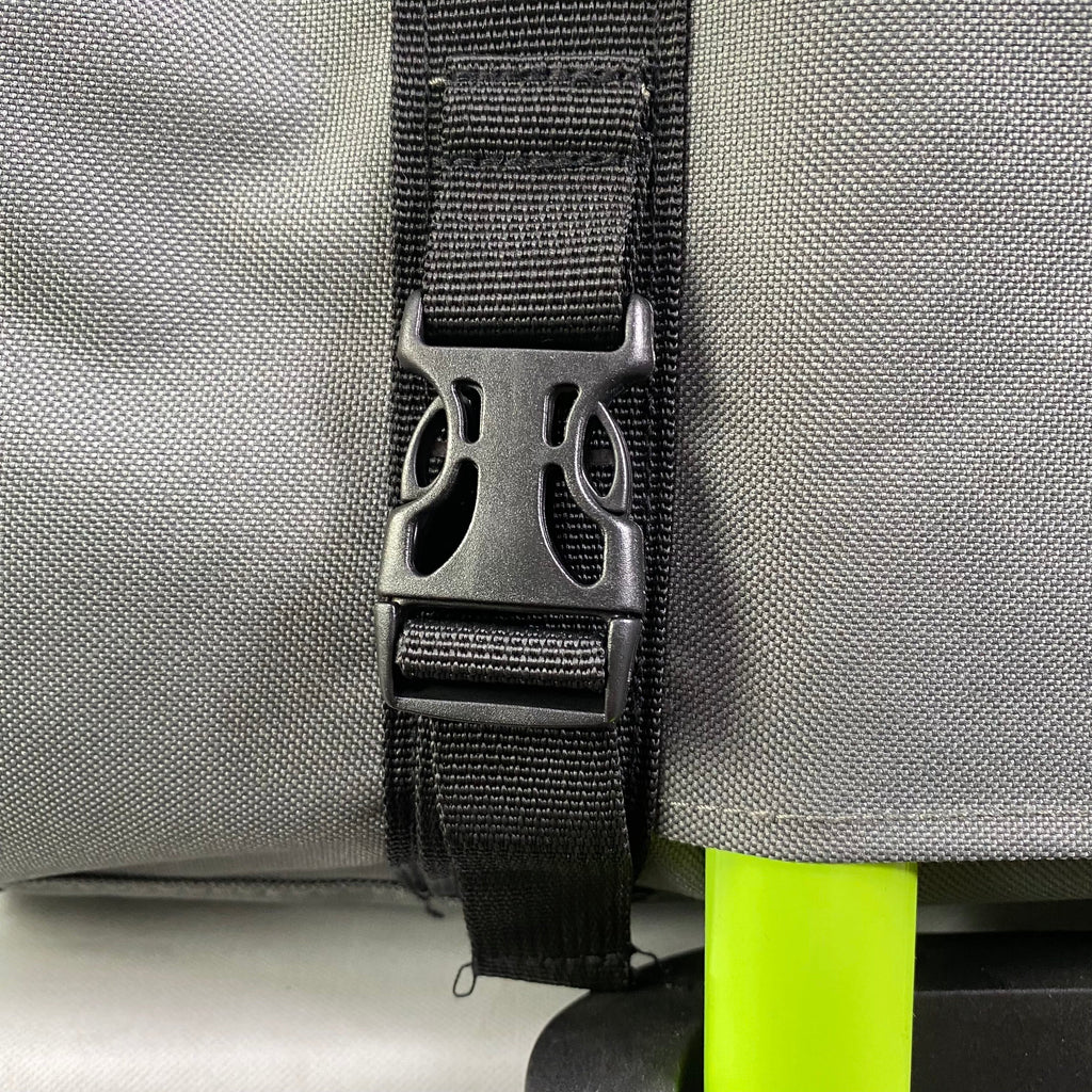 Close-up of strap attachment on charcoal ash soft-sided pet carrier