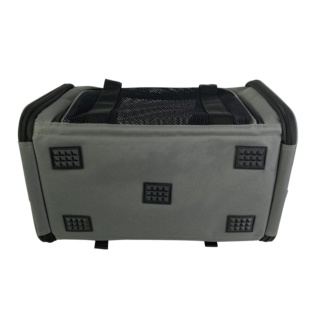 Charcoal ash soft-sided pet carrier front with black mesh ventilation panels