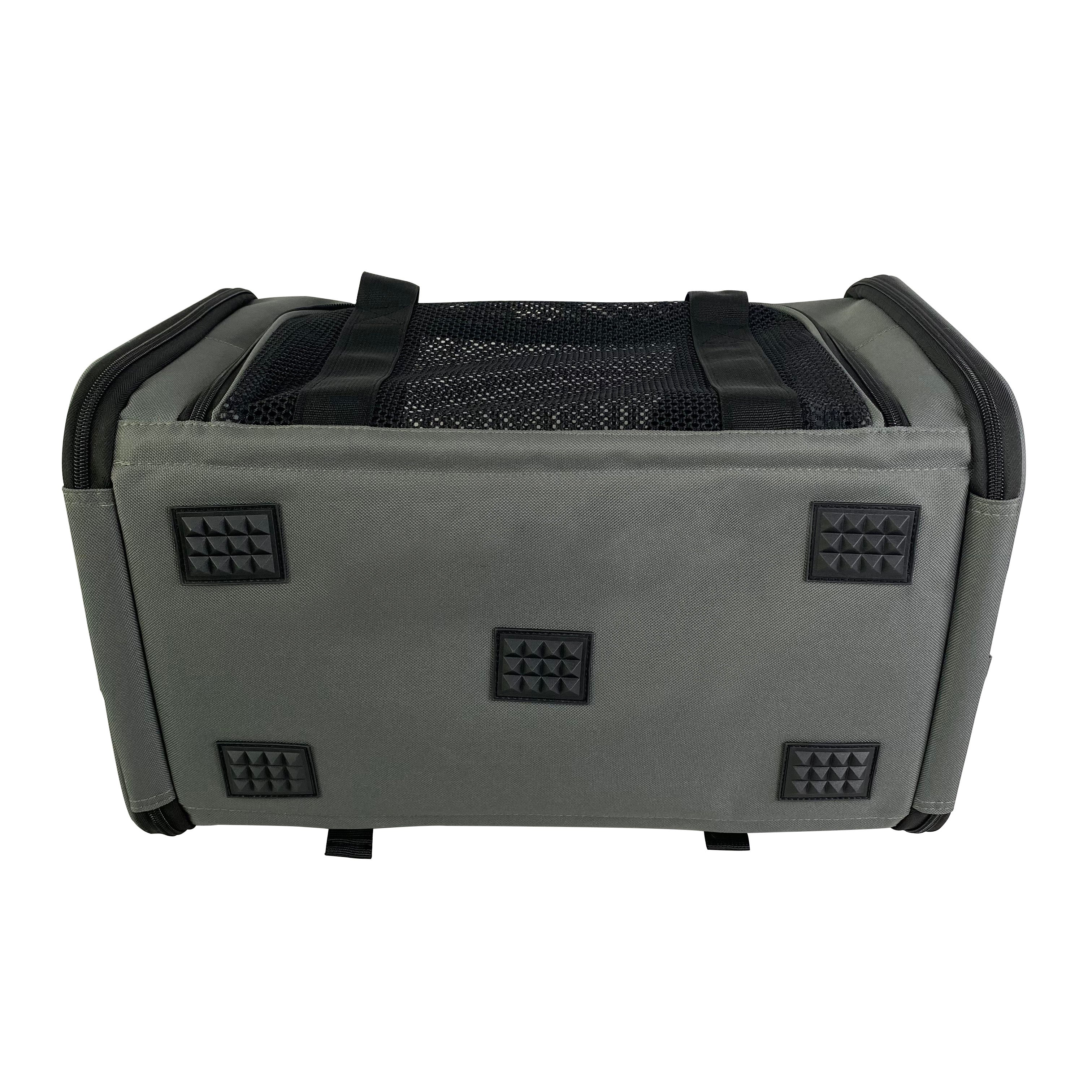Charcoal ash soft-sided pet carrier front with black mesh ventilation panels