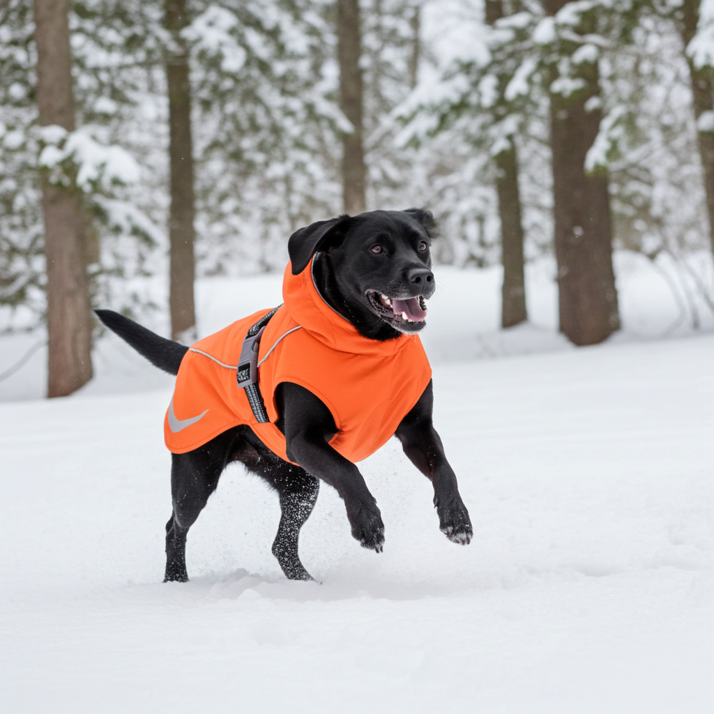 Orange hooded dog coat with black lining and reflective trim