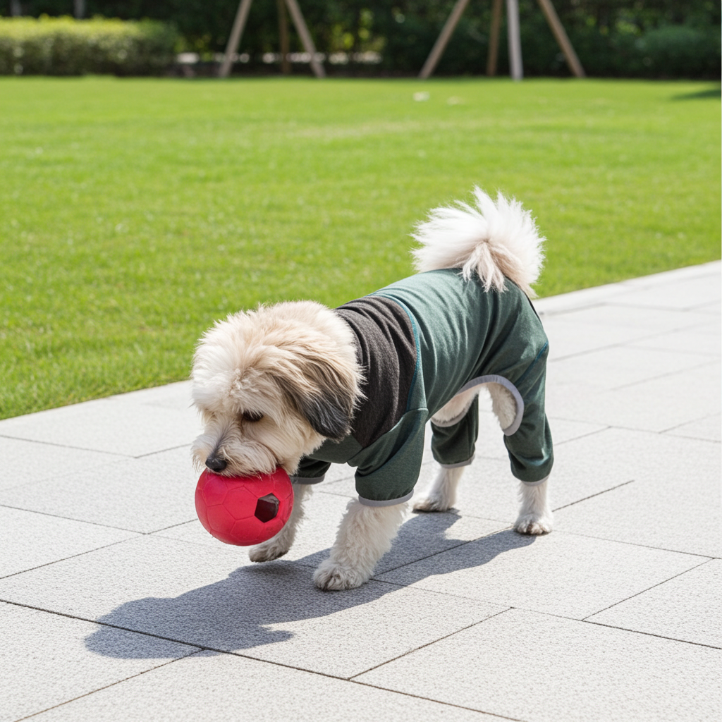 Dark green and gray dog full-body tracksuit with front zipper and white collar trim.