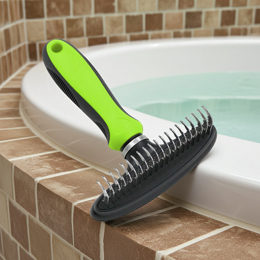 Green pet undercoat dematter rake with metal teeth and black curved base