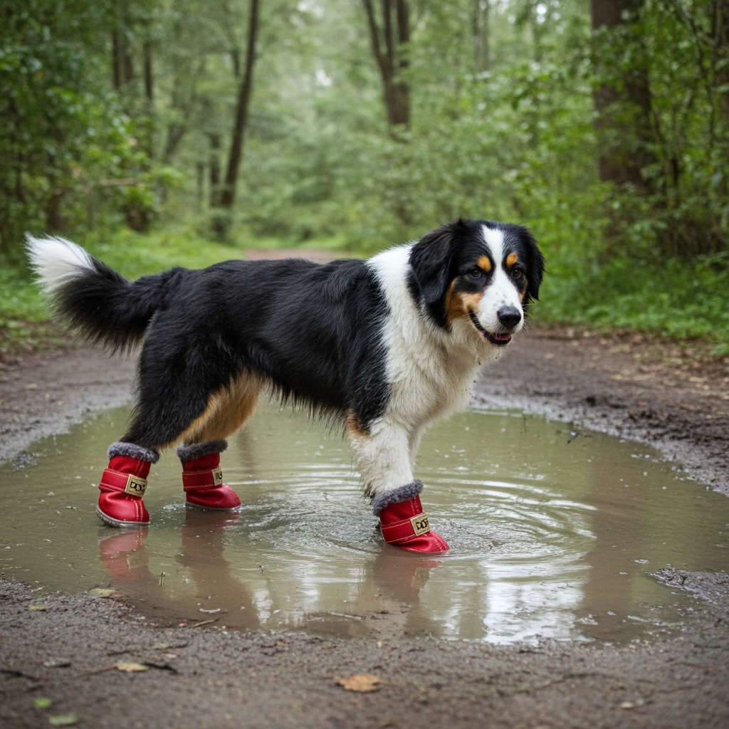 Dog wearing red snow boots on wet ground with faux-fur trim