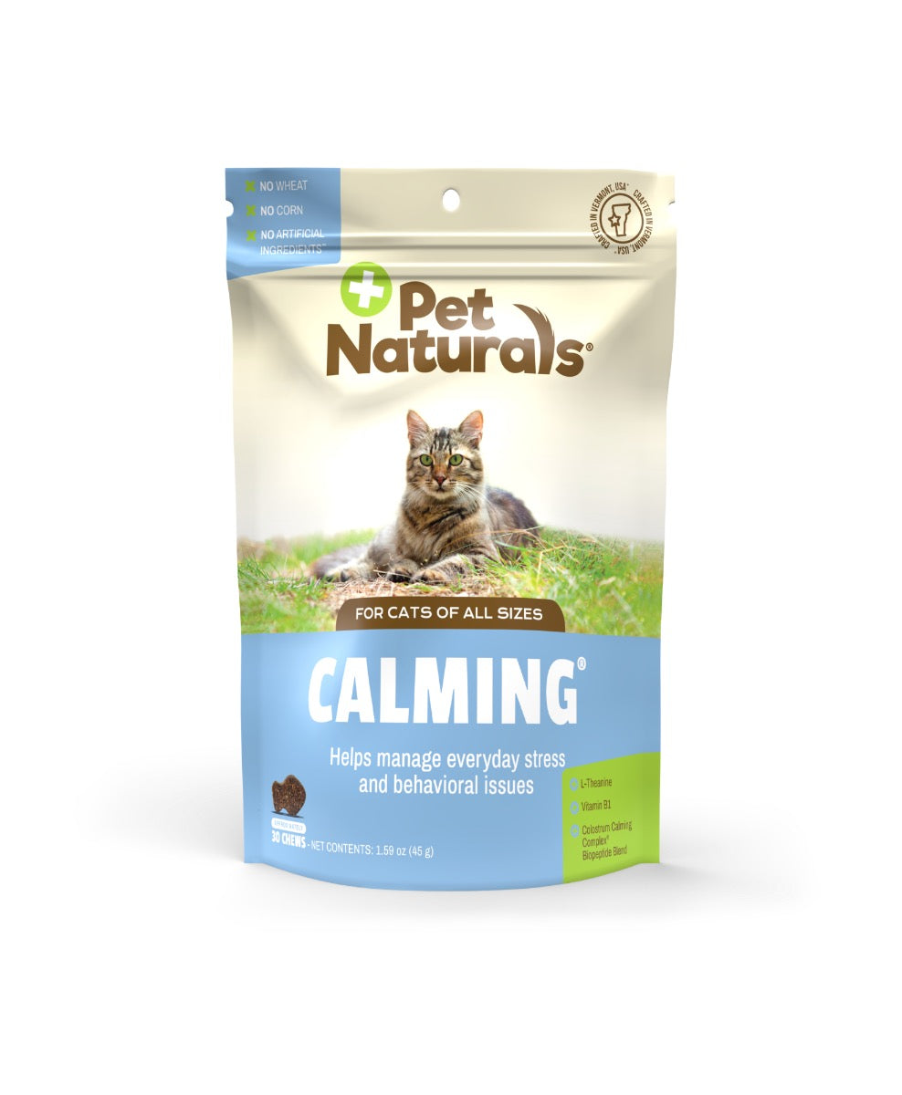 Pet Naturals calming chews pouch for cats, blue and beige front with cat illustration