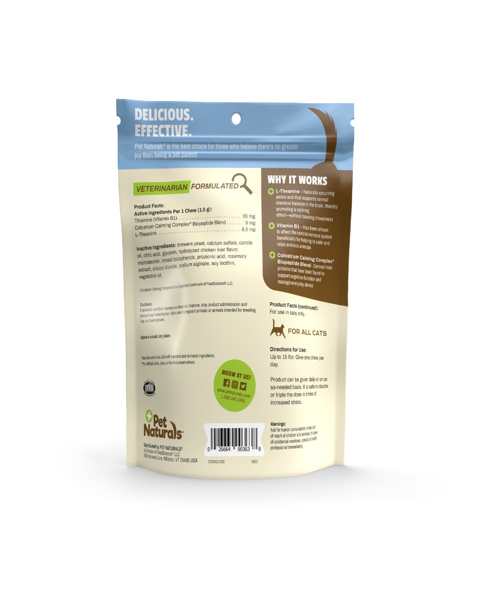 Pet Naturals calming chews pouch for cats, back panel with ingredient text and icons