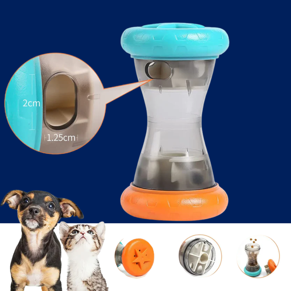 Teal and orange interactive treat-dispensing dumbbell toy with clear container