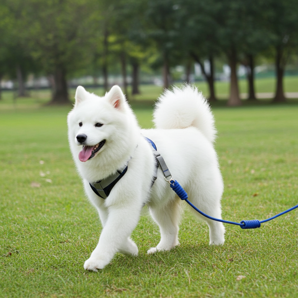 Adjustable reflective dog harness with teal leash, worn on standing small white dog