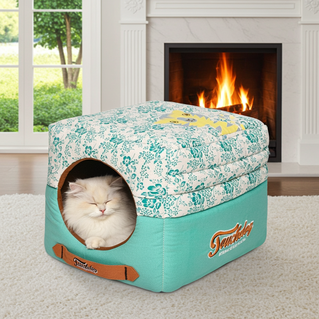 Touchdog Floral-Galoral 2-in-1 Collapsible Dog & Cat Bed House — Converts to Mini Indoor Pet House, 3 Colors