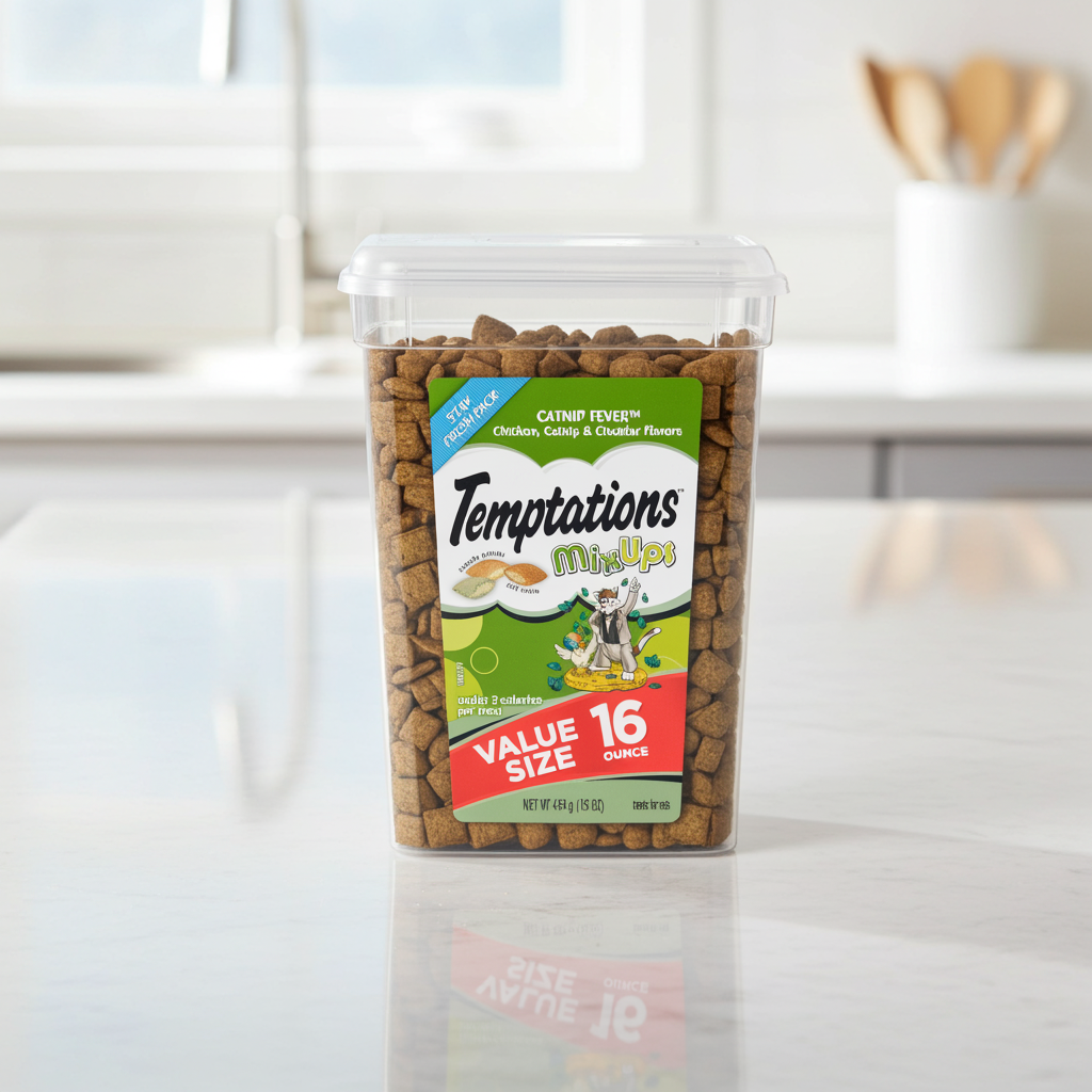 Temptations MixUps Catnip Fever cat treat container, 16-oz value size bagged bites.
