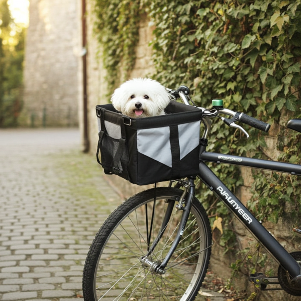 Pet bicycle pet carrier attachment with black fabric and gray panel, strapped to bike frame