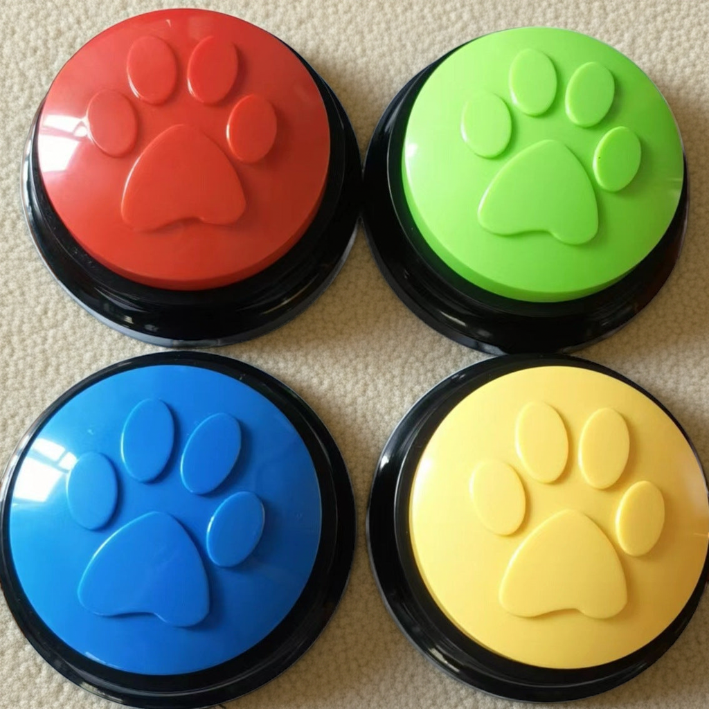 Colorful paw-shaped recordable pet communication buttons, 4-piece view