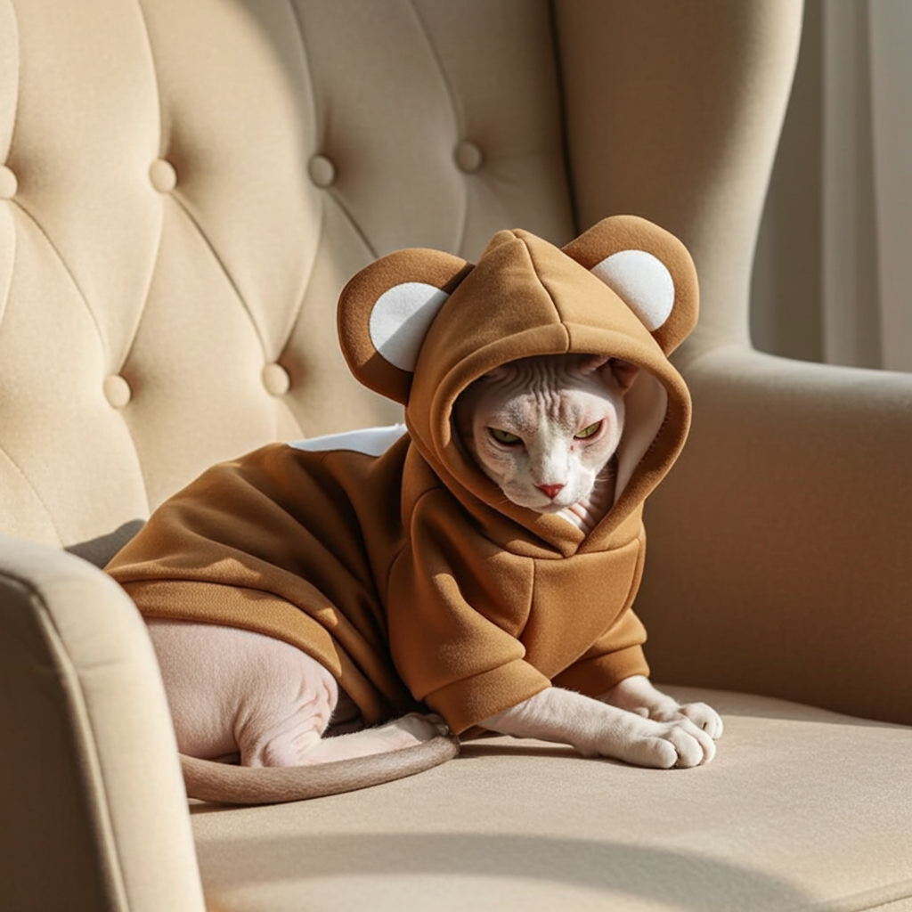 Brown cat pet hoodie sweater with pointed ears hood and front pocket, long sleeves