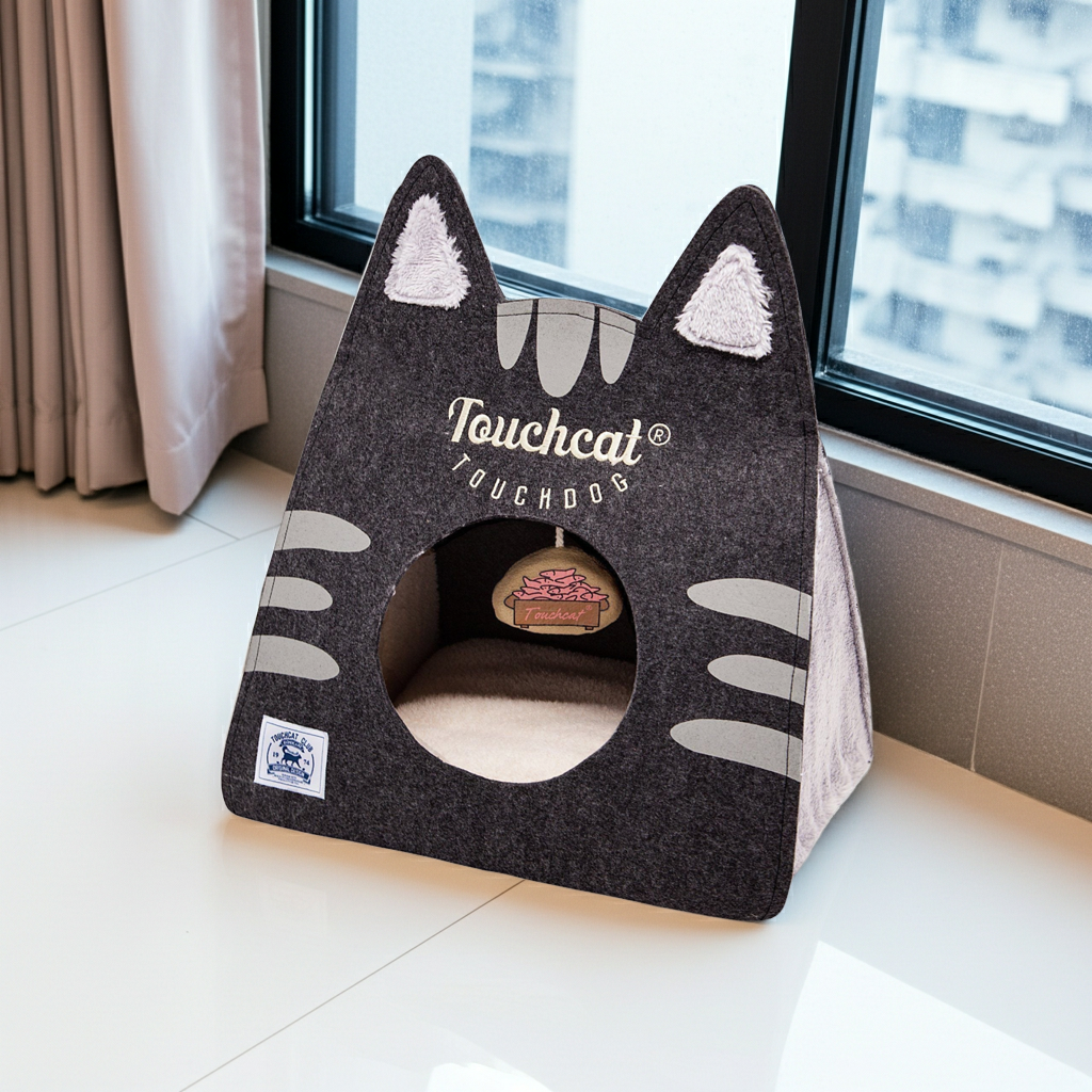 Touchcat folding designer cat bed with kitty ears, dark fabric and beige inner cushion