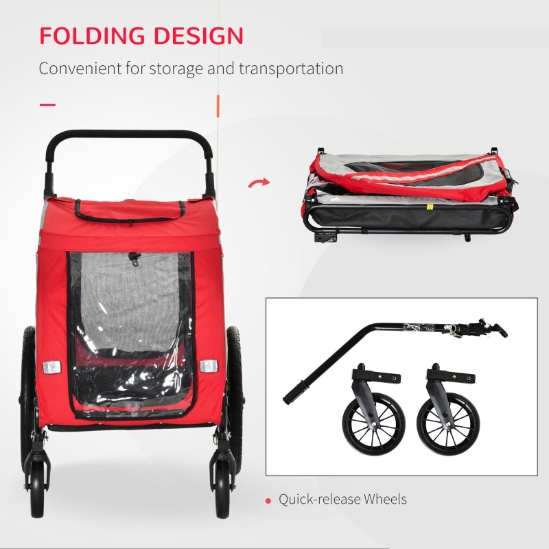 Red pet bike trailer stroller folded for storage with black base