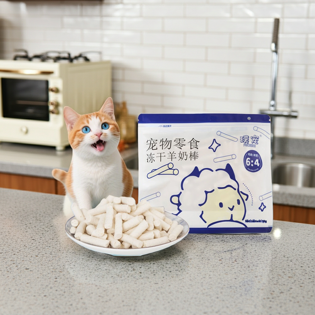 Chicken & Goat Milk stick cat chews, white chew pieces in bowl with pouch