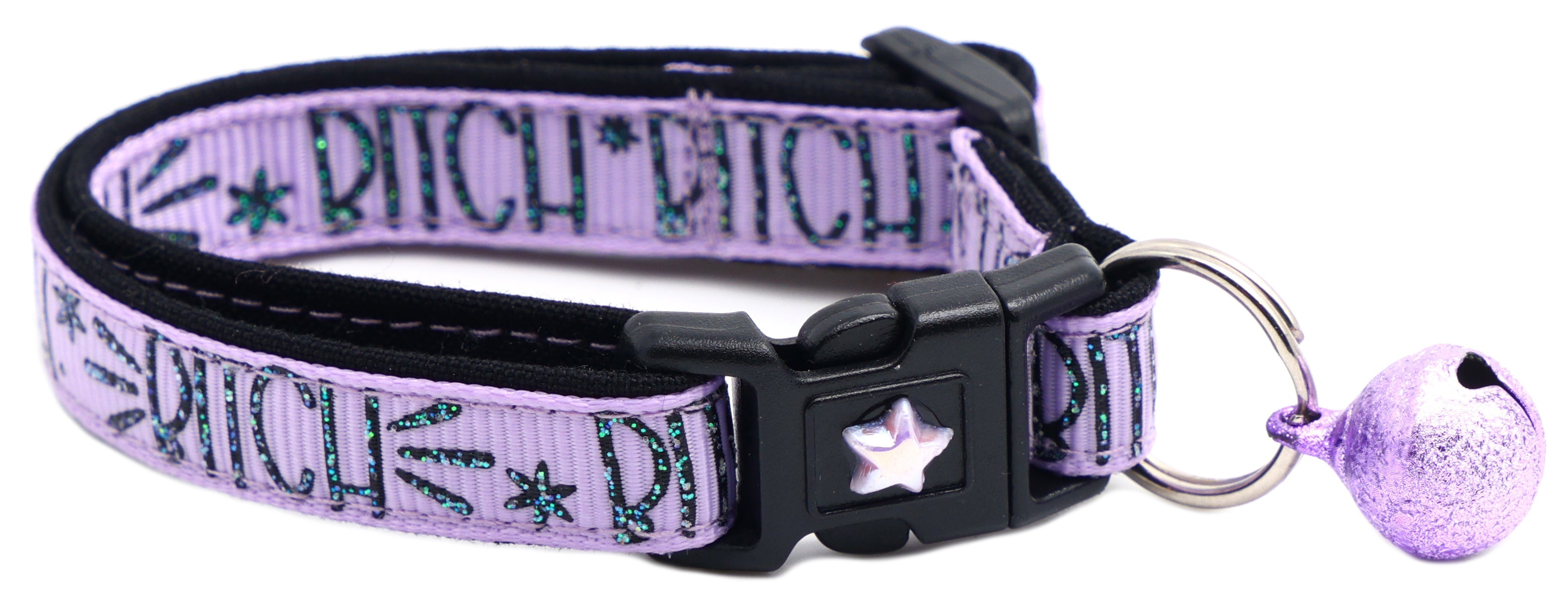 Lavender breakaway cat collar with black buckle, star charm and purple bell charm.