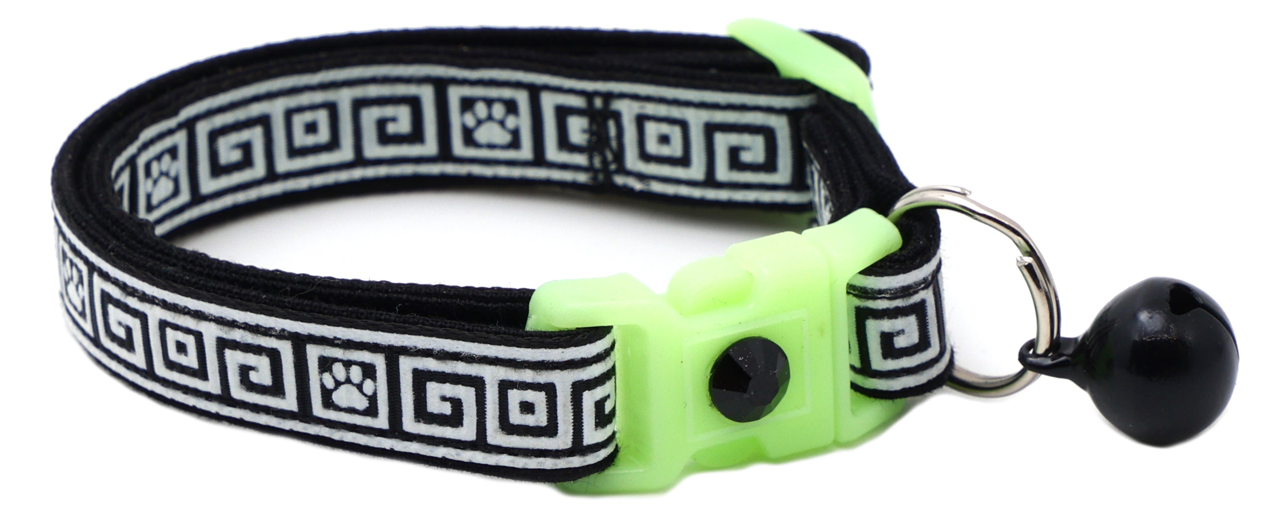 Breakaway cat collar with dark black Greek key pattern, light green buckle, metal ring clasp, bell charm.