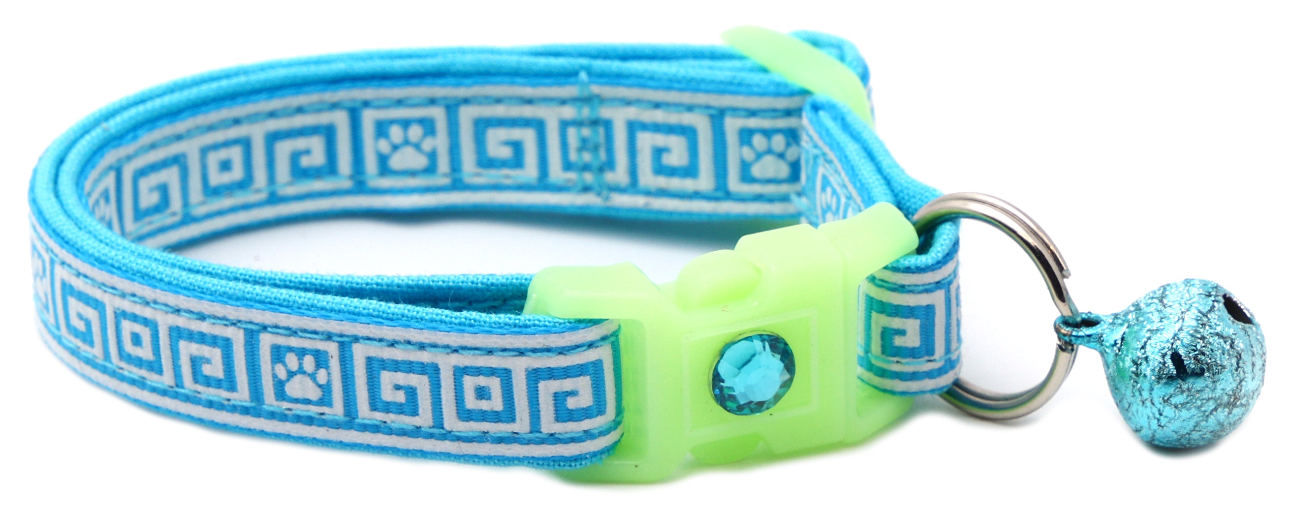 Greek Key breakaway cat collar in light blue with neon green buckle and blue bell