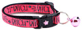 Pink fabric cat collar with black buckle, star emblem and pink bell