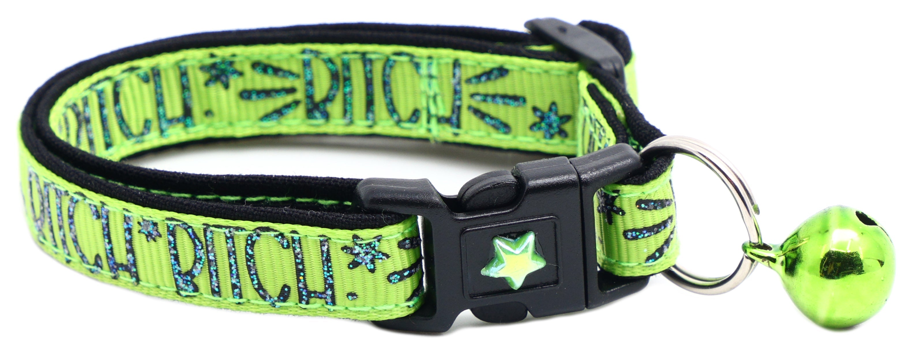 Neon green breakaway cat collar with black buckle, star charm and round green bell.